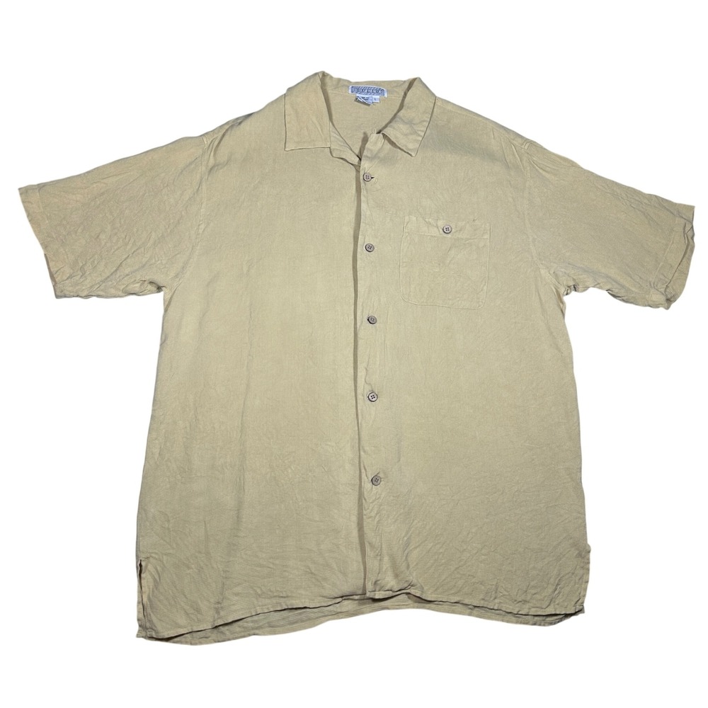 Tulio Mens Large 100% Pure Silk Textured Short Sleeve Button Down Shirt Yellow